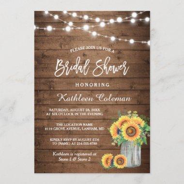 Rustic Sunflowers Mason Jar Lights Bridal Shower Invitations