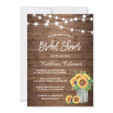 Rustic Sunflowers Mason Jar Lights Bridal Shower Invitations