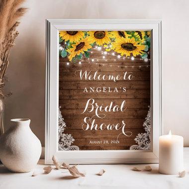 Rustic Sunflowers String Lights Lace Bridal Shower Poster