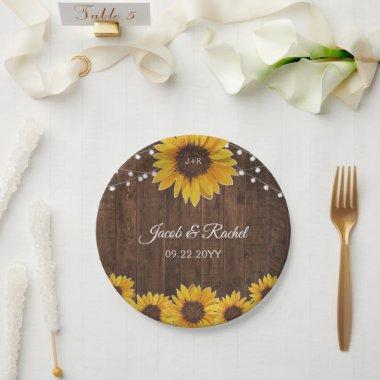 Rustic Sunflowers String Lights Wood Bridal Shower Paper Plates