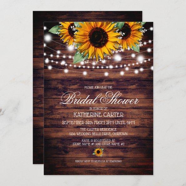 Rustic Sunflowers Twinkle Lights Bridal Shower Invitations