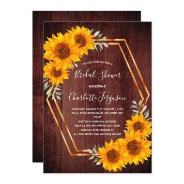 Rustic sunflowers wood geometrical Bridal Shower Invitations