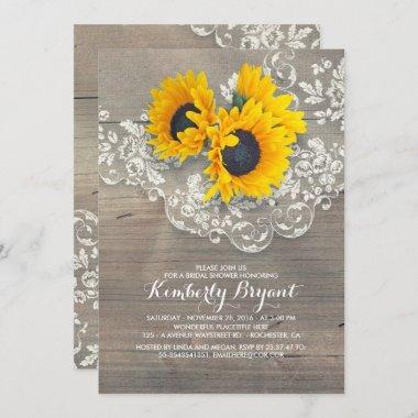 Rustic Sunflowers Wood Lace Bridal Shower Invitations