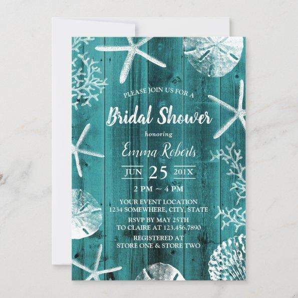 Rustic Teal Beach Wedding Seashells Bridal Shower Invitations