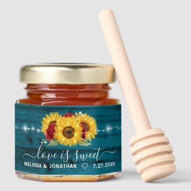 Rustic Teal Blue Green Sunflower Red Rose Wedding Honey Jar Favors