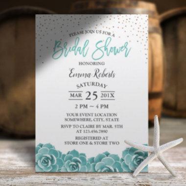 Rustic Teal Succulent Botanical Bridal Shower Invitations