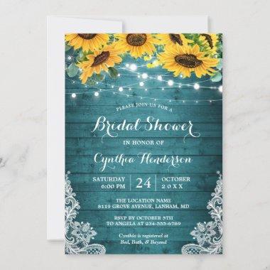 Rustic Teal Sunflowers String Lights Bridal Shower Invitations