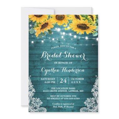 Rustic Teal Sunflowers String Lights Bridal Shower Invitations