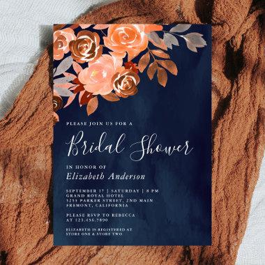 Rustic Terracotta Floral Navy Blue Bridal Shower Invitations