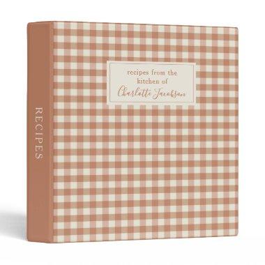 Rustic Terracotta Gingham Plaid Monogram Recipe 3 Ring Binder