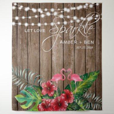 Rustic Tropical Flamingos String Lights Wedding Tapestry