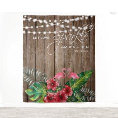 Rustic Tropical Flamingos String Lights Wedding Tapestry