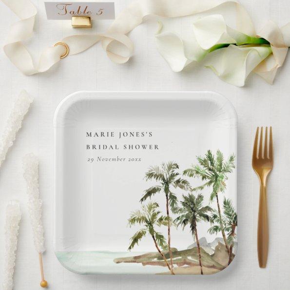 Rustic Tropical Palm Tree Beach Sand Bridal Shower Paper Plates