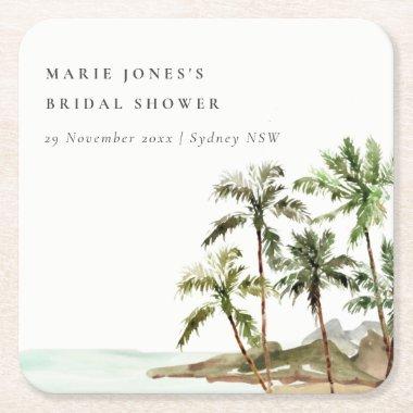 Rustic Tropical Palm Tree Beach Sand Bridal Shower Square Paper Coaster