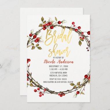 Rustic Twine Cranberry Berry Wreath Bridal Shower Invitations