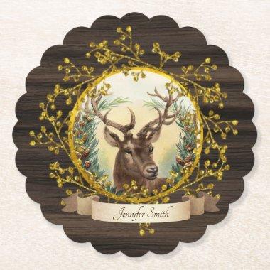 Rustic Vintage Christmas STAG Party Personalized Paper Coaster