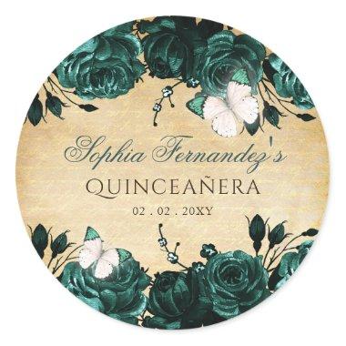 Rustic Vintage Emerald Green Floral Butterfly Classic Round Sticker