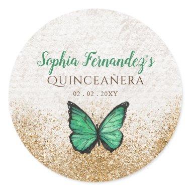 Rustic Vintage Emerald Green Gold Butterfly Classic Round Sticker