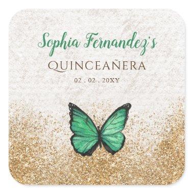 Rustic Vintage Emerald Green Gold Butterfly Square Sticker
