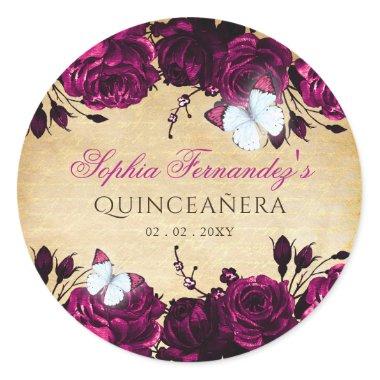 Rustic Vintage Pink Floral Butterfly  Classic Round Sticker