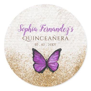 Rustic Vintage Purple Gold Butterfly Classic Round Sticker