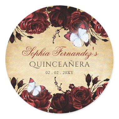 Rustic Vintage Red Floral Butterfly  Classic Round Sticker