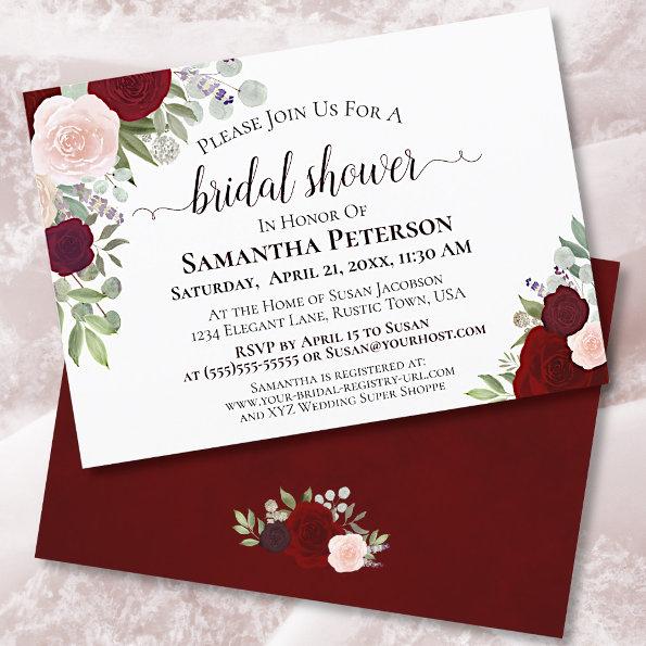 Rustic Watercolor Burgundy Floral Bridal Shower Invitations