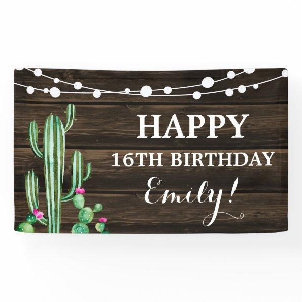 Rustic Watercolor Cactus Barn Wood Birthday Banner