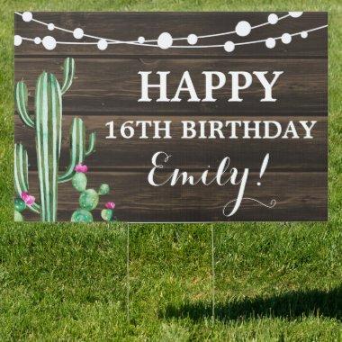 Rustic Watercolor Cactus Barn Wood Birthday Yard Sign