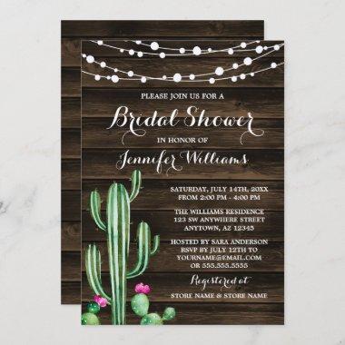 Rustic Watercolor Cactus Barn Wood Bridal Shower Invitations