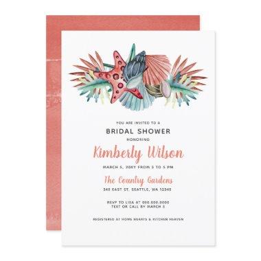 Rustic Watercolor Coral Blue Beach Bridal Shower Invitations