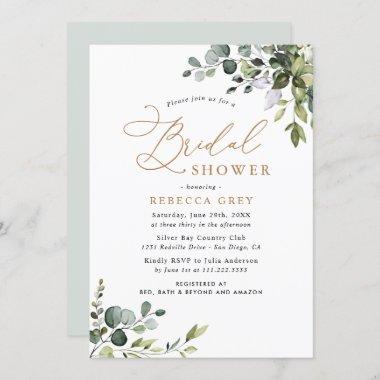 Rustic Watercolor Greenery Gold Bridal Shower Invitations