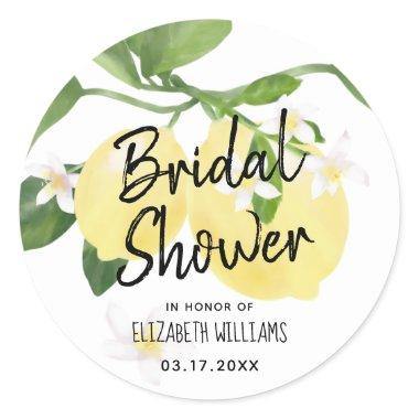 Rustic Watercolor Lemon Summer Bridal Shower Classic Round Sticker