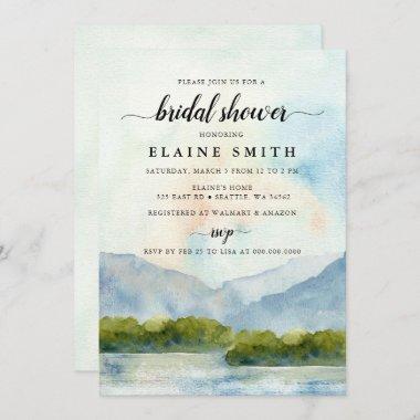 Rustic Watercolor Mountains Lake Bridal Shower Invitations