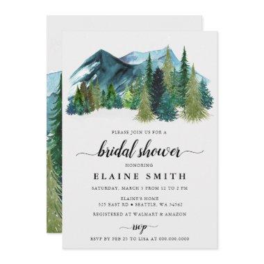 Rustic Watercolor Mountains Pine Bridal Shower Invitations