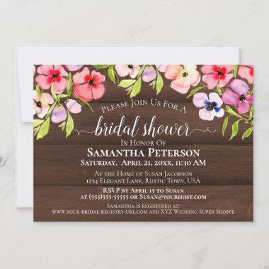 Rustic Watercolor Pansies Barn Wood Bridal Shower Invitations