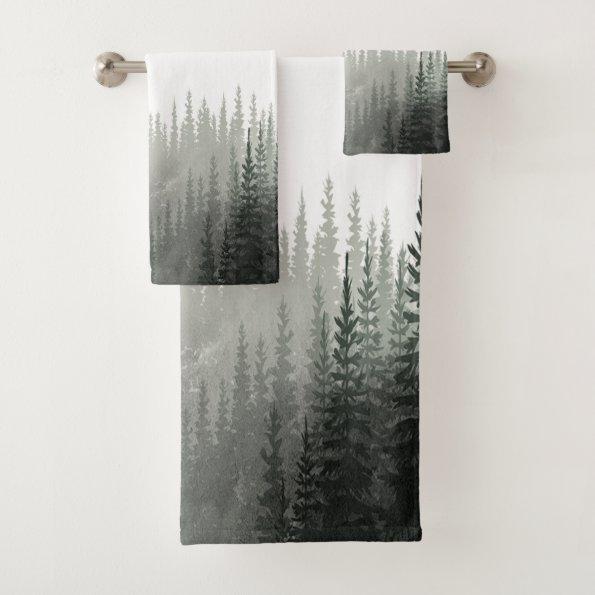 Rustic Watercolor Pine Forest Monogrammed Bath Towel Set