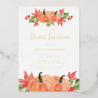 Rustic Watercolor Pumpkin Fall Bridal Luncheon Foil Invitations
