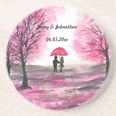 Rustic wedding love couple cherry blossoms tree coaster