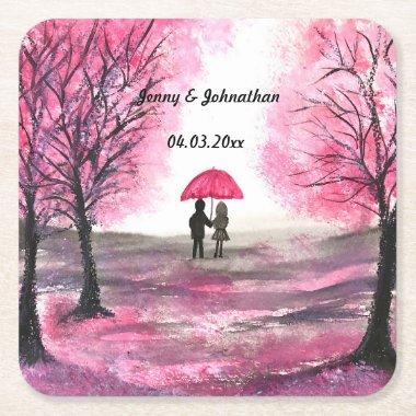 Rustic wedding love couple cherry blossoms tree square paper coaster