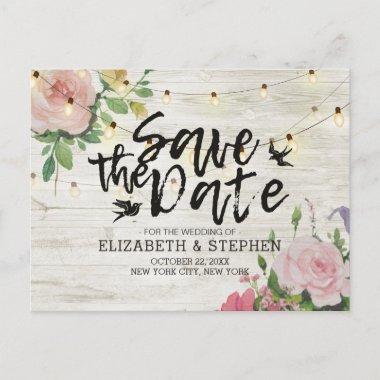 Rustic Wedding Save The Date Wood Flowers & Lights Announcement PostInvitations