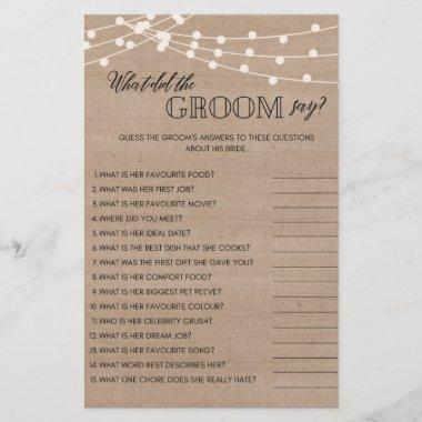 Rustic what did groom say bridal shower game flyer