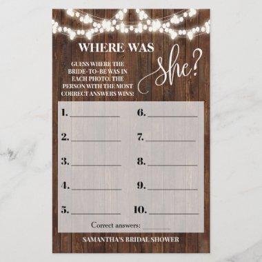 Rustic Where was She Bridal Shower Game Invitations Flyer
