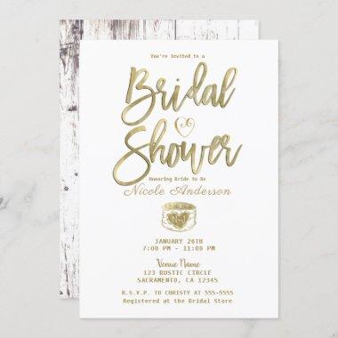 Rustic White Barn Wood Gold Bridal Shower Invitations