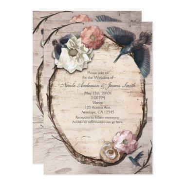 Rustic White Birch Floral & Hummingbird Invitations