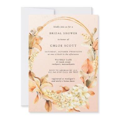 Rustic White Floral and Fall Leaves Bridal Shower Invitations