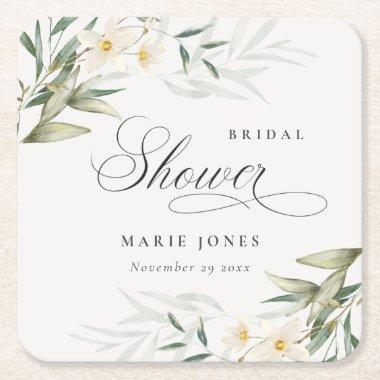 Rustic White Greenery Floral Bunch Bridal Shower Square Paper Coaster
