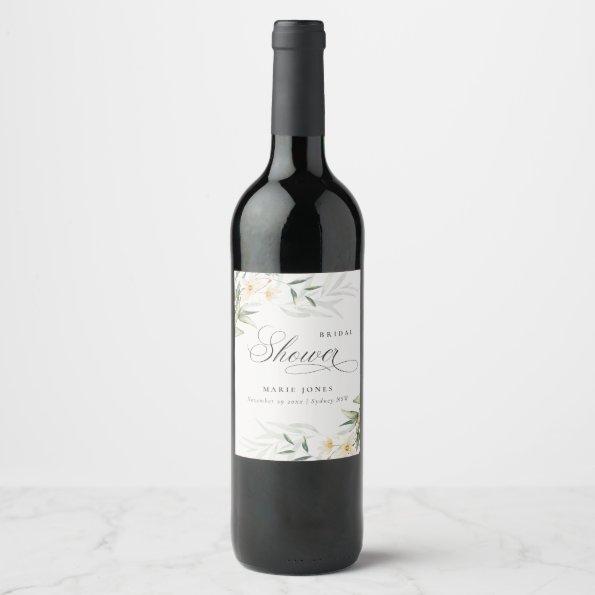 Rustic White Greenery Floral Bunch Bridal Shower Wine Label