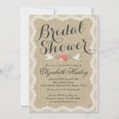 Rustic White Lace and Linen Bridal Wedding Shower Invitations
