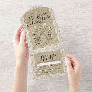 Rustic White Lace Frame Natural Linen Wedding RSVP All In One Invitations